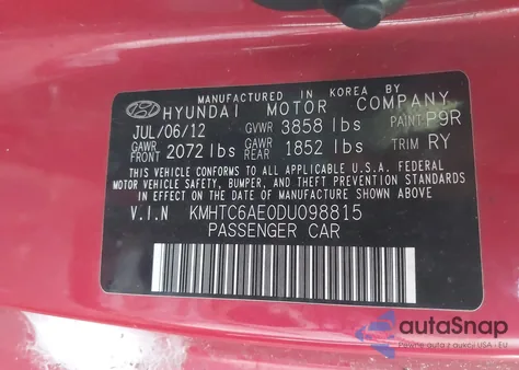 2013 Hyundai Veloster Turbo W/Black from USA, damaged, VIN KMHTC6AE0DU098815